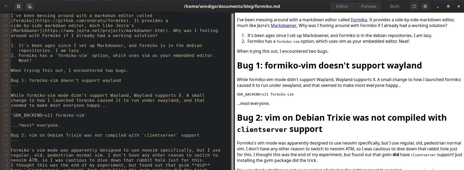 A screenshot of the formiko markdown editor, editing a blog post, with vim embedded in the left hand editing pane.
